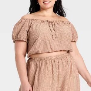 A New Day Brown Gingham Short Puff Sleeve Tie Top